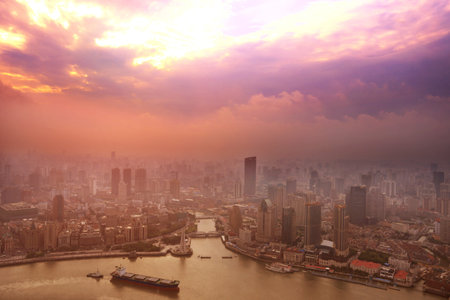 dusk in huangpujian, Shanghai, Chinaの写真素材