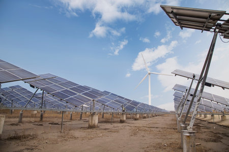 Power plant using renewable solar energy with sunの写真素材