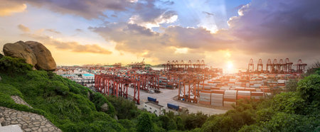 Container terminal handling area, aerial viewのeditorial素材