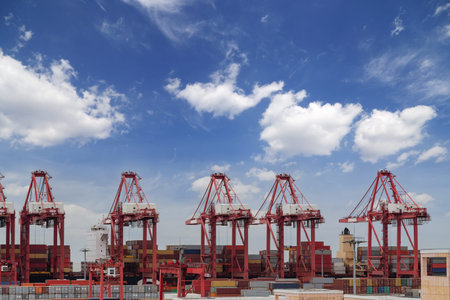 Logistics and transportation of Container Cargo ship and Cargo plane with working crane bridge in...