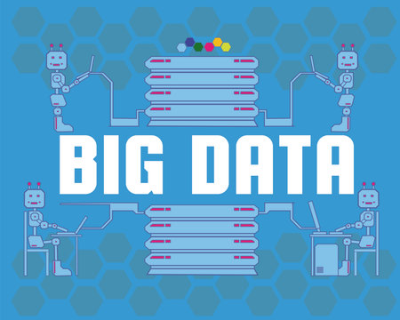 4 robots transfer data to a large serverのイラスト素材