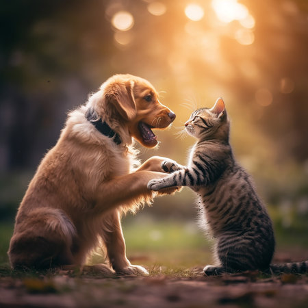 Cute cat and golden retriever puppy playing together in the park.の素材