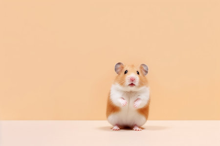 Portrait of a little cute adorable hamster sitting on a light orange backgroundの素材