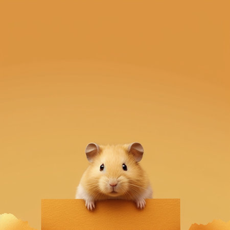 Portrait of a little cute adorable hamster sitting with an orange backgroundの素材
