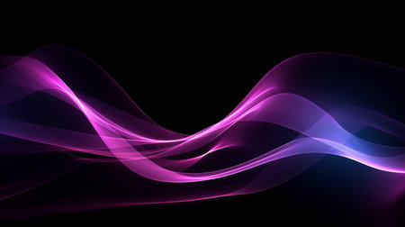 Neon energy background, dynamic waves purple and blue on black background, florescent curves