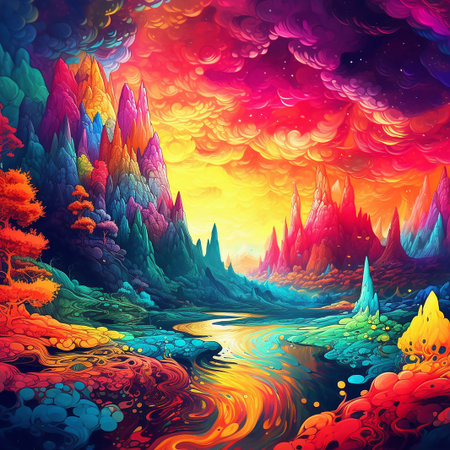 A drawing of a fantasy world background, nature wallpaper, colorfull drawの写真素材