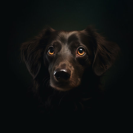 Dog portrait, studio shoot, black background, looking outside, perfect lightの写真素材