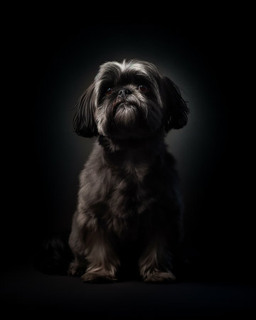 Pekingese dog photo, black background, studio photoの写真素材