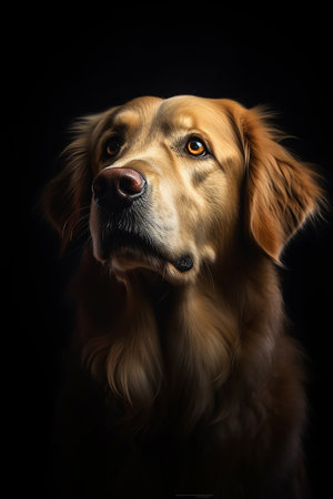 Golden retriever portrait, dog photo, studio photo, black backgroundの写真素材