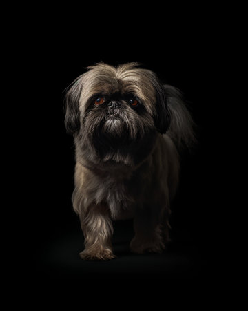 Pekingese dog photo, black background, studio photoの写真素材