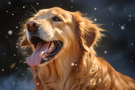 Golden retriever on the snow, winter environment, neutral background,の写真素材