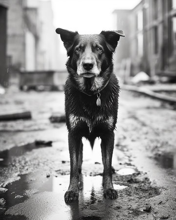 An old photo of a dog, black and white, dramatic old antique and vintage photo, dark backgroundの写真素材