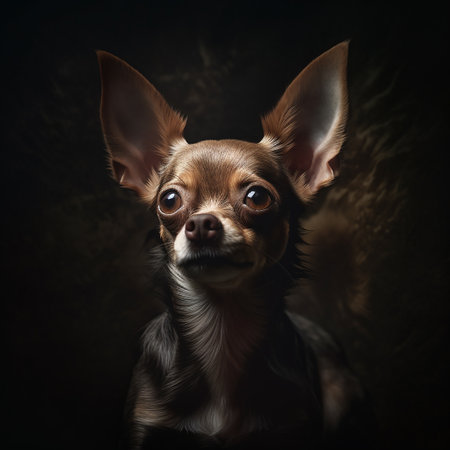 Happy and funny chihuahua looking at camera neutral backgroundの写真素材