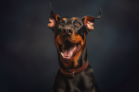 Happy Doberman Pinscher , black background, professional photoの写真素材