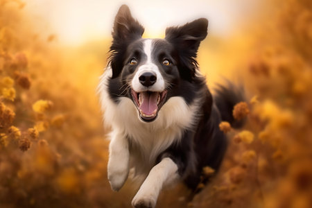 Happy border collie running in a field on a sunny day, outside. joy and happinessの写真素材