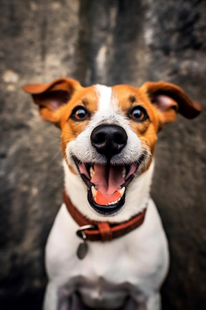 Happy Jack russel terrier looking at camera, neutral backgroundの写真素材
