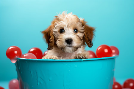 Happy funny dog in a bathtub, in bathroom, inside houseの写真素材