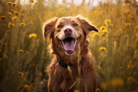 Enthusiastic and happy golden retriever in field,sunny dayの写真素材