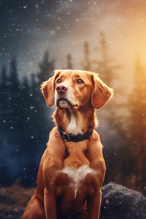 A dog looking beyond sitting on a mountain, snow and winter settingの素材