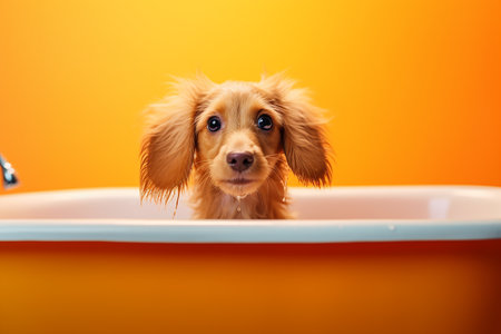 Happy funny dog in a bathtub, in bathroom, inside houseの写真素材