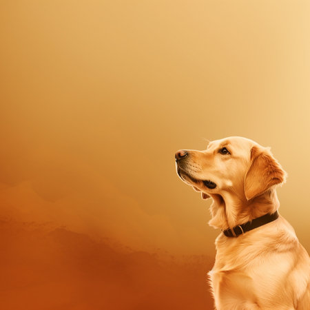 A happy and funny golden retriever dog looking in front, neutral backgroundの写真素材