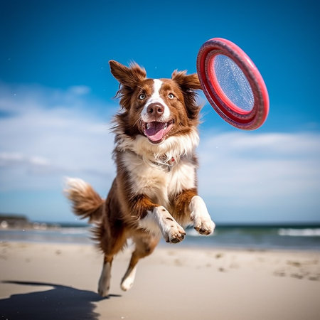 A dog jumping with a frisbee on a beach, near the seaの素材