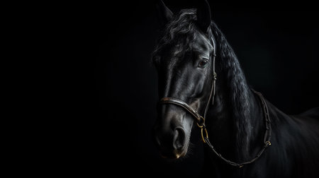 A majestic beautiful black stallion, black background, in a stallの写真素材