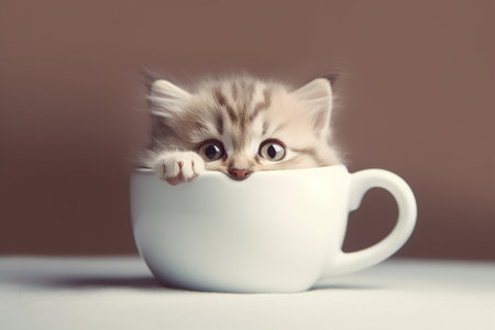 A little cute and adorable kitten inside a cup of coffee or tea, neutral backgroundの写真素材