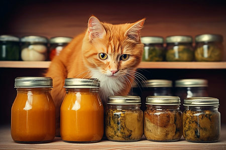 A domestic cat with some mango and orange jam, some other jam in the backgroundの写真素材