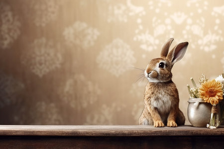 A little cute and adorable little rabbit, baby bunny photo, neutral vintage floral background, domestic animal, family pet,の写真素材