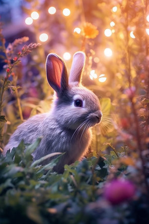 A little cute little bunny in nature, photo of a rabbit, nature background, dream atmosphereの写真素材