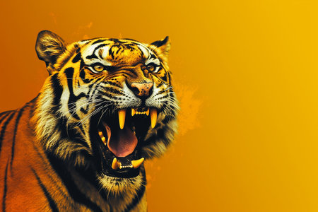 A wild tiger roaring on orange background