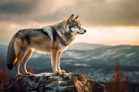 A wild wolf on a cliff, sunrise