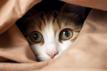 A cat hiding under blankets, adorable cute and small cat sleeping comfortable inside blankets, funny cat photoの素材