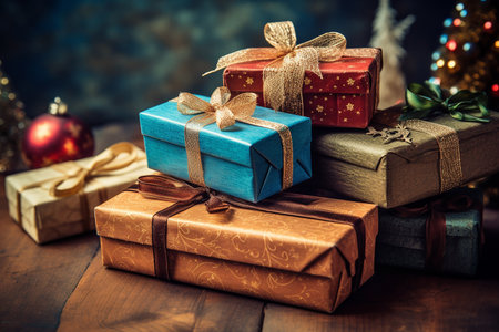 A christmas gift boxes with golden ribbon, bokeh effect, christmas decoration, holiday invitation postcard illustrationの素材