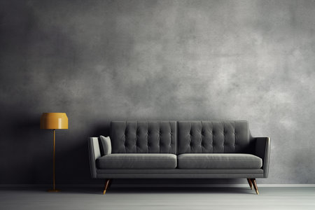 Elegant light gray sofa against a textured gray wall, with minimalist and luxury with a lamp interior design concept.の素材