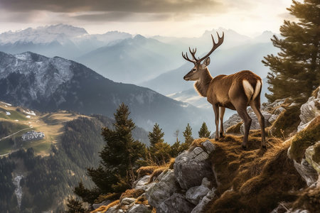 A beautiful landscape with a deer standing on a cliff overlooking a mountainの素材