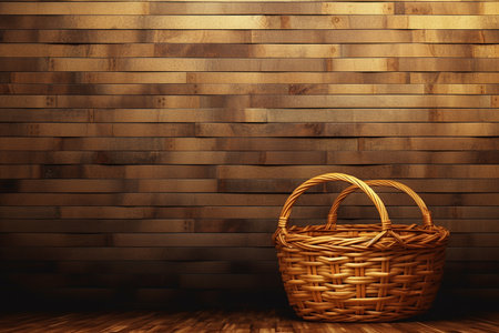 A Warm Ambiance: Wicker Basket Against a Rich Wooden Wallの素材