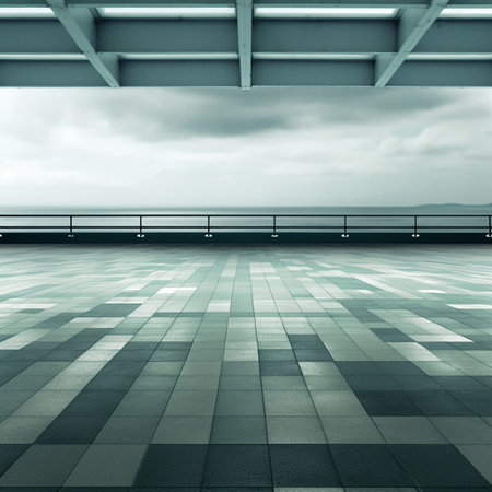 A Serene View from a Modern, Tiled Terrace Overlooking the Calm Sea Under a Cloudy Skyの素材