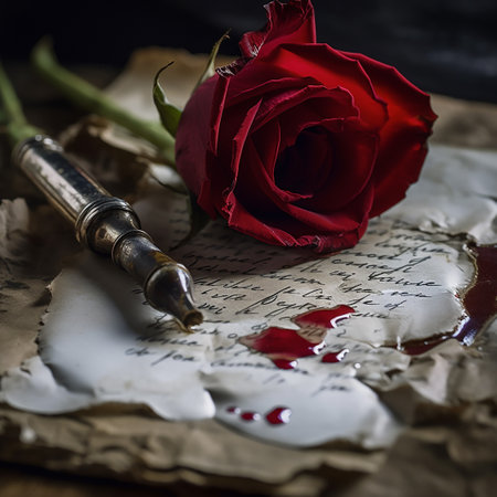 Vintage quill pen, red rose, and ink stained love letter on a dark background.の素材