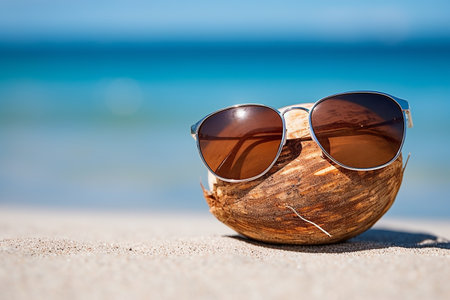 Sunglasses on a Coconut at a Sunny tropical Beach, fun background with copy spaceの素材