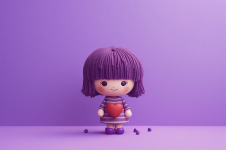 A Cute Doll Holding a Heart on a Purple Background, female dollの素材