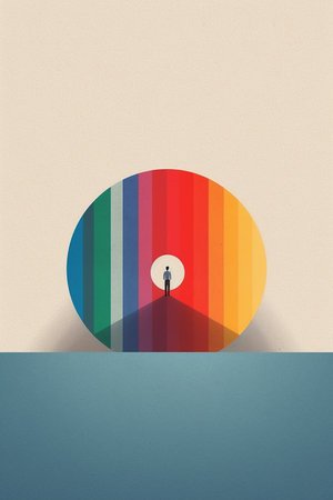 A Man Surrounded by a Gradient of Colors Description: A colorful abstract design with a man in the center backgroundの素材