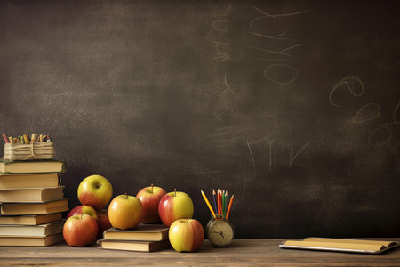 A Still Life of Education: Apples and Books Against a Chalkboard backgroundの素材