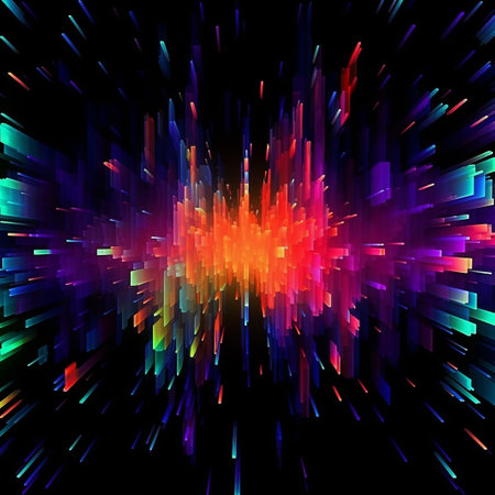 Abstract explosion of colorful pixels in dark spaceの素材