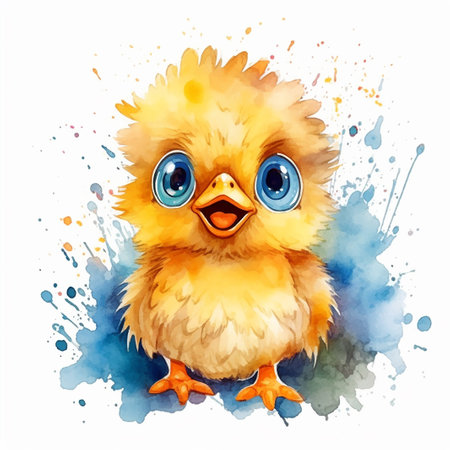 Adorable fluffy chick with big eyes amidst colorful splashes.の素材