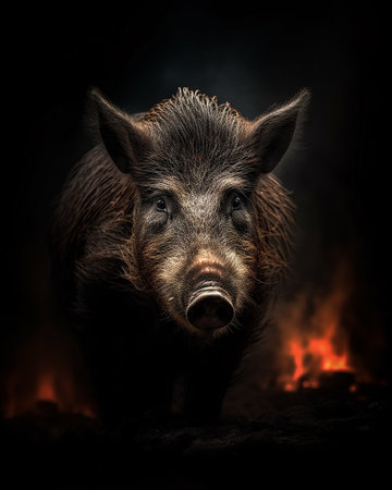 Wild boar emerges from the dark, intense gaze.の素材