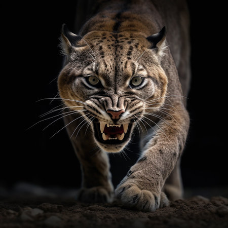 Snarling Cougar with open mouth, attacking a prey, hunting for a meal while roaring aggressivelyの素材
