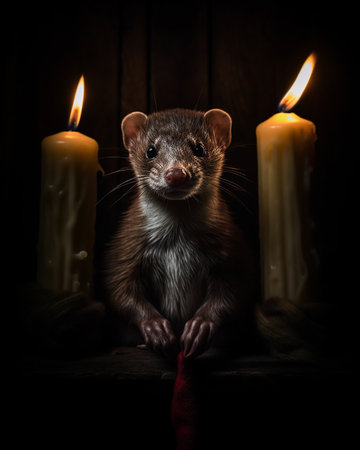 Close-up of a ferret's face on a dark backgroundの素材