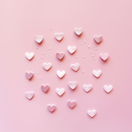 Assorted heart shapes on pink background, representing love, affection, or Valentine's Day.の素材